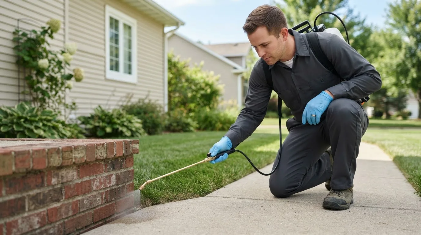 Pest control technician treating a home near Cibolo, TX