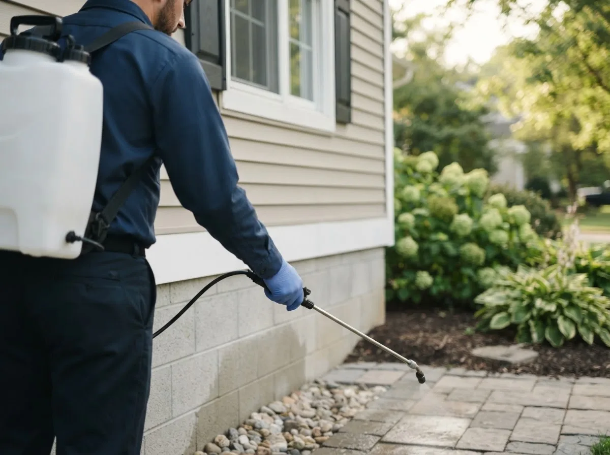 Pest control technician inspecting a home in Cibolo, TX